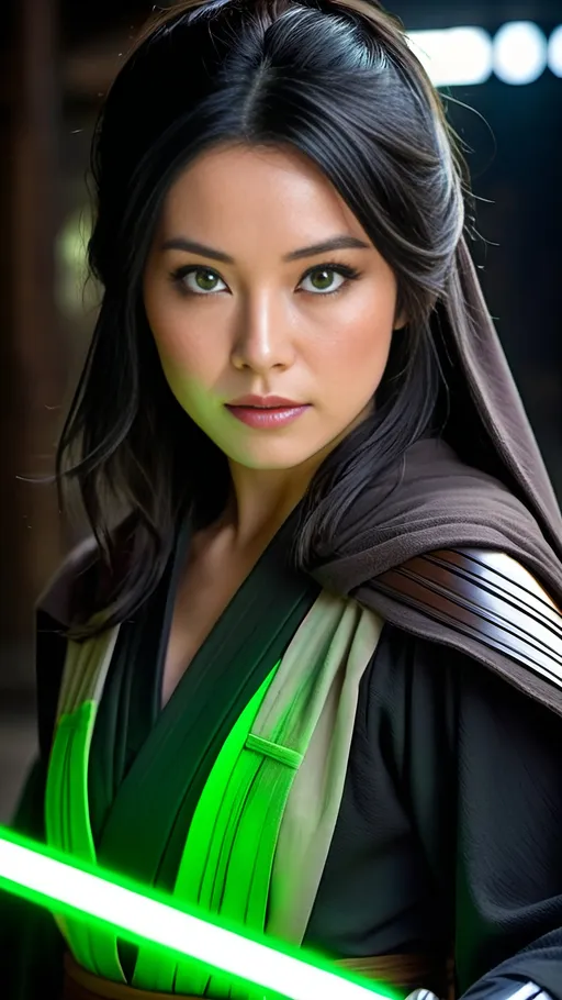 Prompt: Beautiful Japanese actress, long raven black hair, vivid gray eyes, tan & brown Jedi-Knight robes costume, holding glowing green lightsaber, Star Wars hangar bay set, detailed, dynamic pose, cinematic lighting, high-res photography, realistic, intricate details, intense gaze, sci-fi, vibrant colors, dramatic, professional lighting