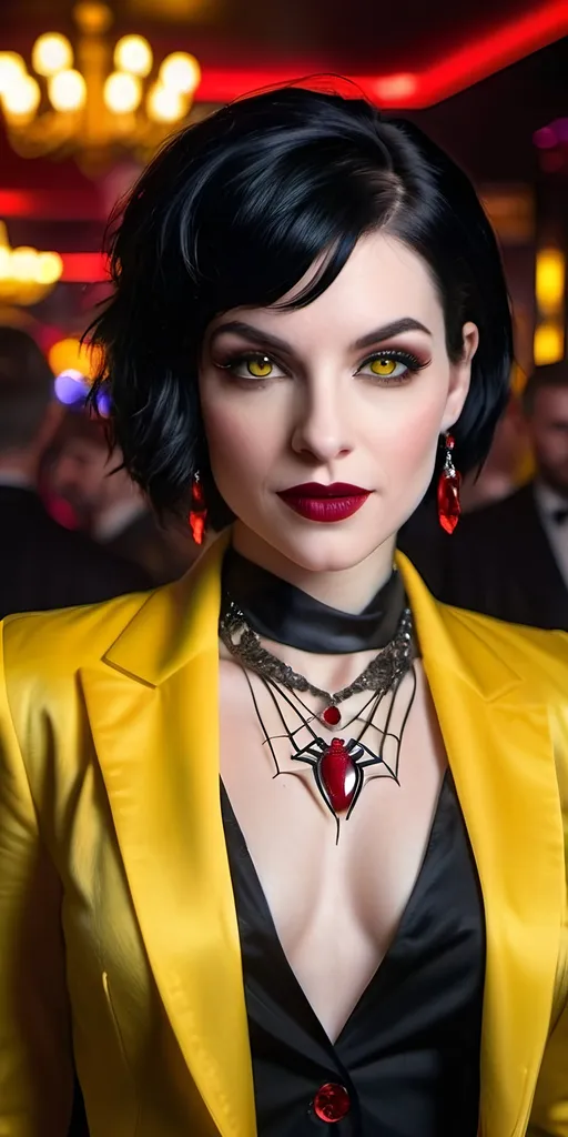 Prompt: Beautiful female vampire, pale white skin, short black hair, vibrant yellow eyes, intricate angular face, prominent cheekbones, intense gaze, menacing smile,  opulent figure, white dinner jacket, no blouse, black linen slacks & boots, ((spider necklace with ruby jewel)), red lipstick, standing in a busy crowded nightclub, 8K photo, highres, detailed, gothic, vampiric, intense eyes, sleek design, professional, dramatic lighting