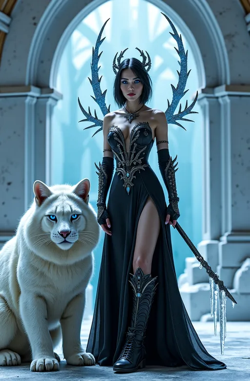 Prompt: Cinematic photo of Mab, Queen of Winter & Darkness, (high detail, 8k), standing in an ornate ice throne room, striking (dark blue eyes), beautiful rectangle face, (pale white skin), short black hair with blue highlights, (curvy figure, long legs), stunning outfit: black leather dress, black fashion boots, adorned with obsidian jewels, dramatic dark makeup, wearing a crown of blue ice crystals, holding a long icicle scepter with silver lacework, giant fierce white demonic snow-cat at her feet, (bright light) illuminating the scene, (ultra-quality, photorealistic) style, evoking a powerful and captivating atmosphere in a frost-covered realm.