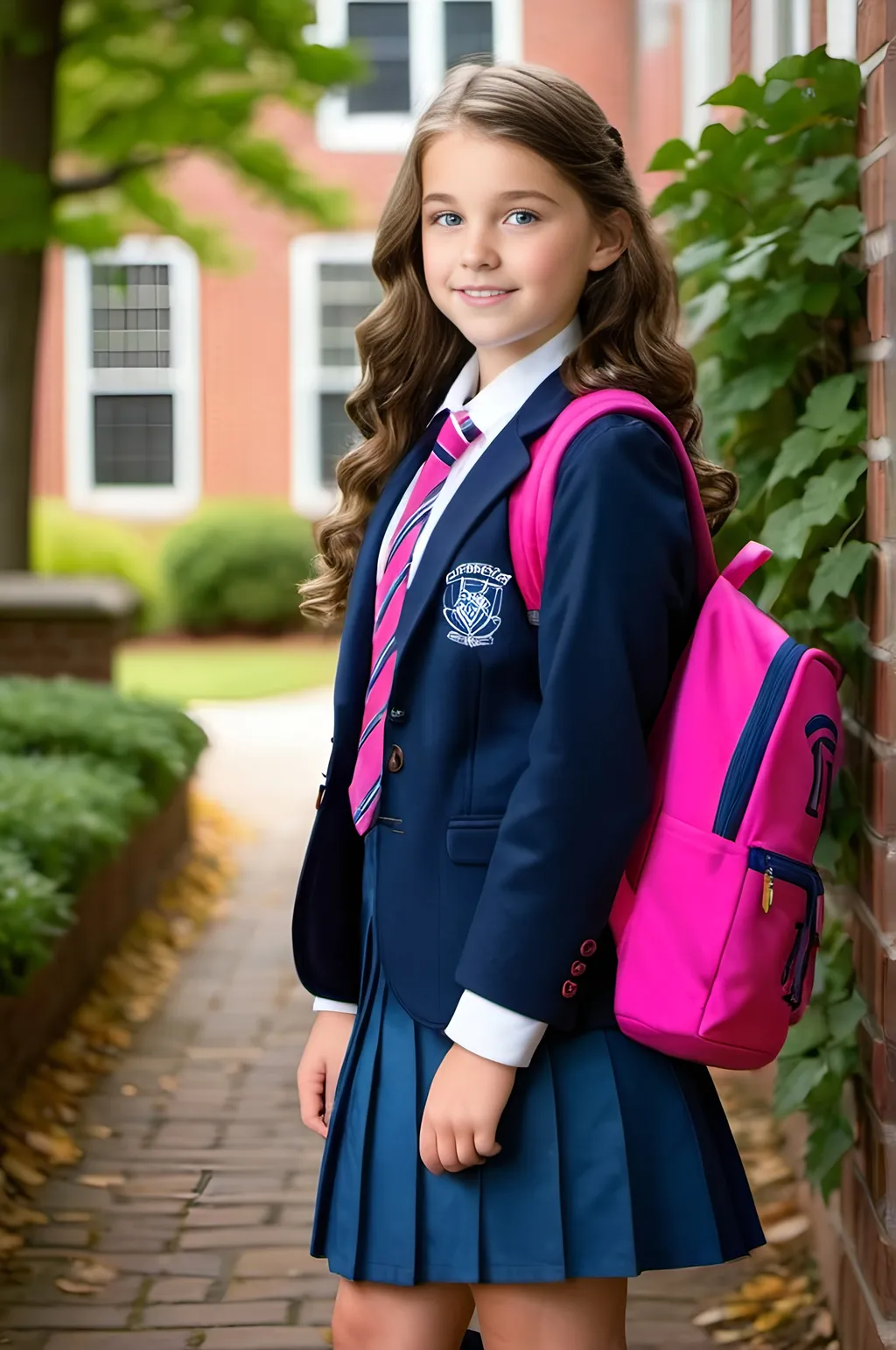 Prompt: Profile shot of tall brunette schoolgirl, blue eyes, long wavy hair, navy school blazer with logo, white blouse, blue school tie, pleated blue skirt, knee socks, black oxfords, ((bright pink backpack)), ivy-covered brick schoolhouse, outdoor setting, sunlight, high-res, professional photography, profile, outdoor setting, detailed eyes, warm lighting, urban setting, blue school uniform, pink backpack