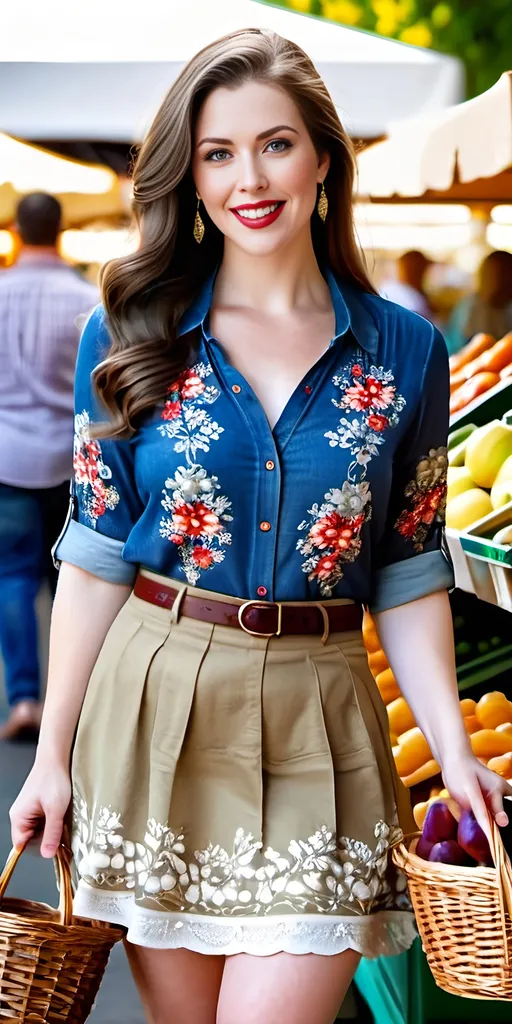 Prompt: Beautiful Rubenesque woman at Farmer's Market, detailed flesh tones, intricate facial features, pale skin, blue eyes, ruby lips, intricate floral blouse, khaki denim miniskirt, sandals, long shapely legs, carrying market basket, 8K ultra-detailed photo, daylight, natural lighting, detailed, intricate, high quality, market scene, beautiful, Rubenesque, floral blouse, detailed facial features, intricate clothing, daylight lighting