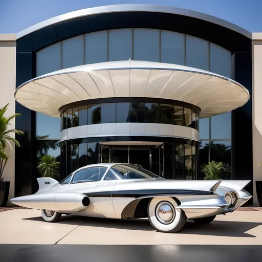 Prompt: retro-futuristic turbine car, 1960s, silver & black metallic, two-door, bubble canopy, tail fins, whitewall tires, parked at the porte cochere of a fancy high-end club, daylight, high-res, professional photo, retro-futuristic, metallic sheen, vintage design, luxury club, classic car, detailed reflections, sleek lines, upscale, daylight, vibrant colors