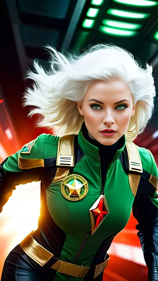 Prompt: Red Alert! Space Patrol crew running to battle stations, beautiful woman in foreground (25 years old, pale skin, flowing white hair, green eyes), futuristic spacecraft interior, sleek black space flight suit with gold wings and rank insignia, intense and urgent motion, highres, 8k, futuristic, sci-fi, detailed facial features, professional, atmospheric lighting, dynamic composition