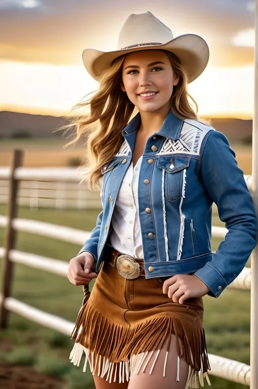 Prompt: Pretty teenage rodeo girl, wearing a (blue denim jacket with white fringe detail), (chambray shirt), (brown suede fringed skirt), (white cowboy boots), (cowboy hat), holding a lasso, warm light, photorealistic, professional photo, high-res, detailed textures, crisp focus, warm and inviting atmosphere, golden hour lighting, ranch background with fencing and open fields, vibrant colors, 4K, ultra-detailed.