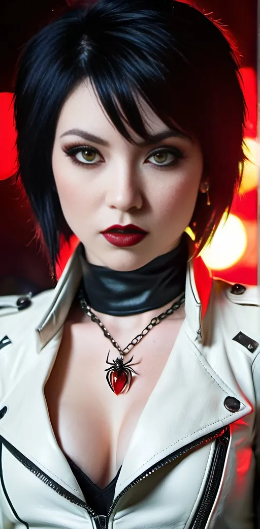 Prompt: Beautiful Japanese vampire, pale white skin, short spiky red|black hair, vibrant yellow eyes, intricate angular face, prominent cheekbones, intense gaze, opulent, white leather jacket, no blouse, white leather slacks & boots, ((necklace with black widow spider ruby pendant)), red lipstick, sitting on the edge of the stage in a busy crowded nightclub, 8K photo, highres, detailed, gothic, vampiric, intense eyes, sleek design, professional, dramatic lighting