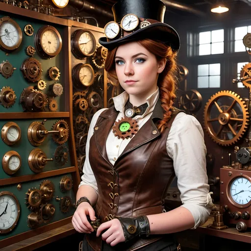 Prompt: Photorealistic image of a 21-year-old woman in steampunk attire, short auburn hair, blue eyes, upturned nose, heart-shaped face, wearing a top hat, brown leather duster, black vest, green tweed slacks, brown boots, adorned with clockwork gears, leather, wire, and lace, standing in a control room with numerous gauges, buttons, gears, levers, and lights, steampunk vibe, photorealism, detailed materials, intricate details, realistic lighting, high quality, control room setting, atmospheric ambiance