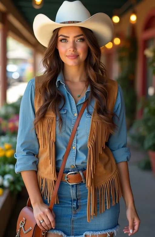 Prompt: (Beautiful curvaceous Hispanic woman), (silky chestnut-brown hair), (piercing gray eyes), stunning facial features, wearing a (chambray shirt), fringed (suede vest), (denim skirt) with (silver and turquoise detailing), stylish leather handbag, classic leather boots, unique (white cowboy hat), subtle smile on her golden-ratio face, standing confidently in a vibrant farmer's market scene, American-Southwest setting, (8k resolution), (professional photography), (ultra-detailed), inviting atmosphere, soft afternoon lighting enhancing the colors.