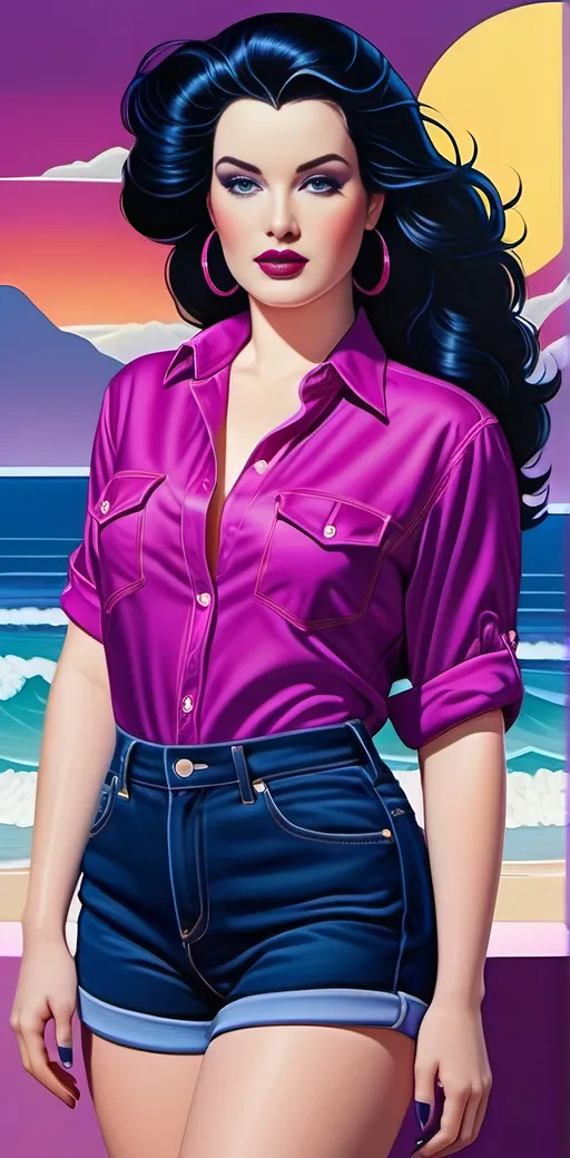 Prompt: ((Curvaceous:2.0 Woman)) with pale skin long black hair and violet eyes, magenta blouse, midnight blue denim shorts, navy sneakers, detailed round face, Patrick Nagel style, high-res, digital painting, detailed eyes, professional, 8K digital render, atmospheric lighting, fashionable, 80s retro, vibrant colors, tropical artwork background