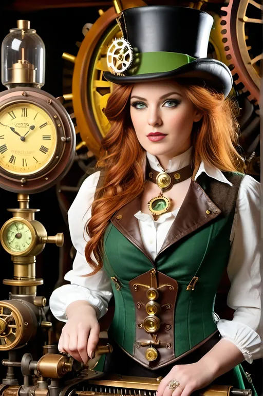 Prompt: Beautiful steampunk woman, long auburn hair, vibrant green eyes, upturned nose, perfect diamond face, buxom physique, green tabard vest, leather duster, yellow brown & green tweed skirt, white ruffled blouse, leather top hat, clockwork gears, copper, brass, glass, operating the controls of a Rube Goldberg time machine, Victorian scene, high-res, pro lighting, pro photography, steampunk style, high energy vibe, glowing machine, beautiful face, flawless skin