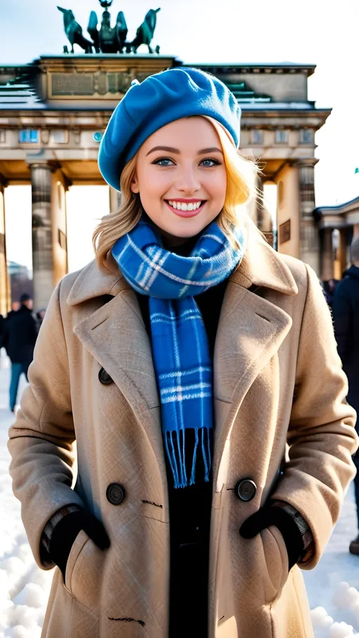 Prompt: Beautiful smiling woman age 21, intricate square face, upturned nose, blue-eyed, blonde hair, rosy skin, yellow plaid wool coat, blue beret, blue sweater, khaki tweed skirt, brown leather boots, standing in a crowded snowy Berlin park, Brandenburg Gate in the background, 8k photo, detailed, high-res, realistic, winter fashion, natural lighting, historical landmark, vibrant colors, professional photography