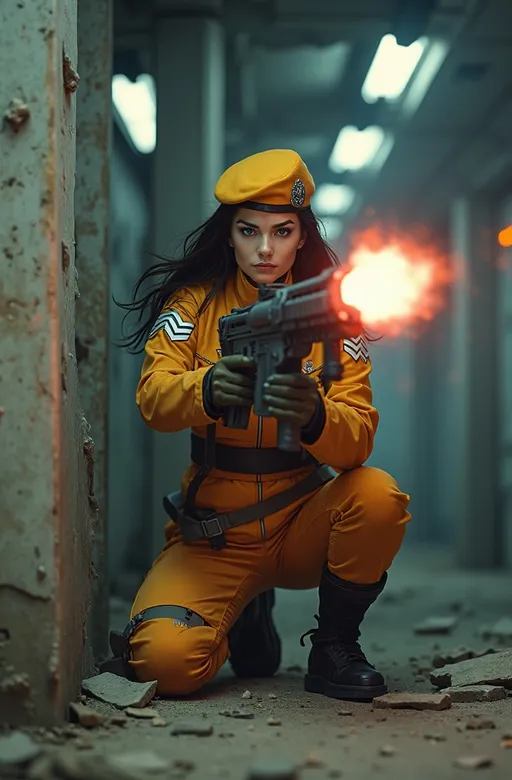 Prompt: 8K photo, cinematic, sci-fi, military, beautiful female officer, age 35, flowing dark hair, blue eyes, orange yellow gray uniform, Yellow beret, (silver chevrons rank insignia on her sleeves), leading a squad of soldiers & firing her plasma rifle (emitting a pulse of red energy), crouches behind a concrete pylon in a shattered corridor, smoke, debris, flames, broken ceiling lights, disabled robot soldiers lie smoking on the ground, high detail, fill light.