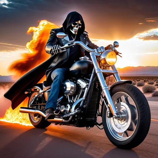Prompt: The Grim Reaper in a black leather duster, turtleneck sweater, jeans, and boots, riding a silver motorcycle with flaming exhaust, desert highway at sunset, 8k photo, detailed Reaper, dark and ominous, high quality, leather texture, desert landscape, sunset lighting, intense atmosphere, professional, detailed motorcycle, fiery sunset, dark tones