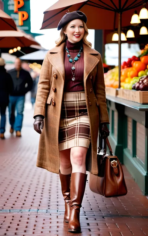 Prompt: Tall, leggy woman walking in Pike Place Market, auburn ponytail, pale skin, intricate round face, overweight bosomy, unbuttoned plaid coat, beige knit top, brown leather miniskirt, brown Prada boots, leather gloves, small handbag, plaid beret, 8k photo, high detail, ads-advertising style, fashionable, urban, detailed facial features, intricate clothing, vibrant colors, professional lighting