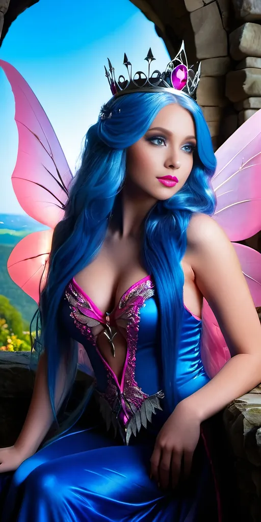 Prompt: Beautiful buxom Fairie princess with gossamer wings, age 18, intricate facial details, long blue hair, blue-eyed, light makeup, fuscia lipstick, prominent cheekbones, pink silk bodysuit, buxom figure:2.0, sitting in a stone castle, 8K photo, realistic full body shot, detailed features, professional, warm lighting
