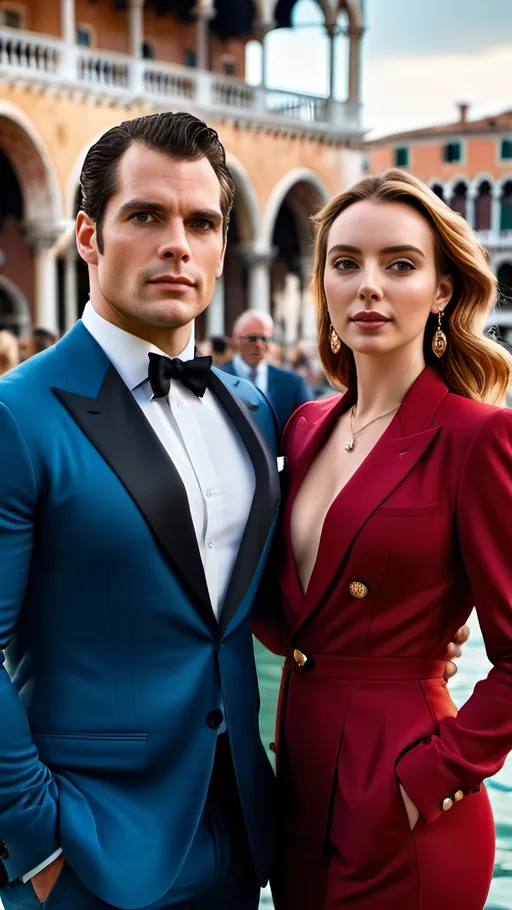 Prompt: Cinematic 8k photo of Henry Cavill and Jodie Comer wearing modern casual fashion, Piazza San Marco Venice, James Bond style, Hollywood glamour, highres, ultra-detailed, formal attire, crowded setting, iconic location, cinematic, Hollywood, detailed features, elegant poses, classy, atmospheric lighting