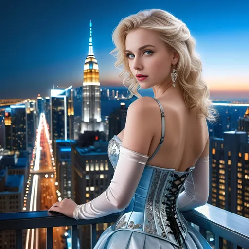 Prompt: Delicate blonde girl overlooking city from balcony, photorealism, silver corset and skirt, ice blue eyes, pale skin, heart-shaped face, metropolitan nightscape, skyscrapers, highly detailed, 8k photo, photorealistic, delicate beauty, intricate details, city lights, atmospheric lighting
