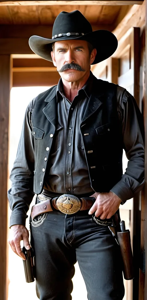 Prompt: Old west gunslinger, tall suntanned man, short black hair, flinty gray eyes, thick mustache, black cowboy hat, black shirt, black vest, black jeans, black boots, double gun belt, spare bullets in loops, two holster gun rig, pistols in each holster, standing in a saloon doorway, high-res, photo, rugged, detailed, shaded eyes, intense gaze, traditional, western, dusty, warm lighting, sinister snarling expression, ready stance, hand on gun handles