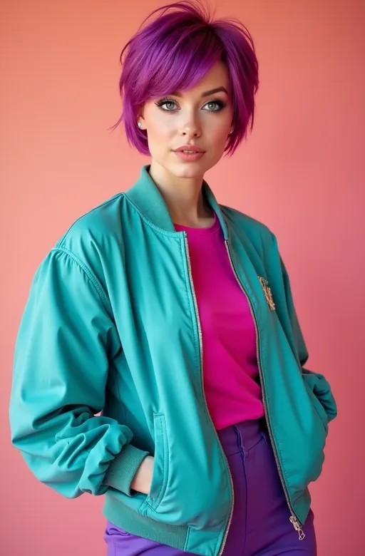 Prompt: (Patrick Nagel style photo) 80s magenta-purple haired woman, sparkling blue eyes, short pixie hair, angular face, wearing a teal bomber jacket, fuchsia tee, purple miniskirt, curvy figure, (pastel backdrop), bright light, cheerful ambiance, ultra-realistic, high detail & quality, (professional photography), vibrant colors, 8K resolution, dynamic composition, nostalgic vibe, playful and lively atmosphere.