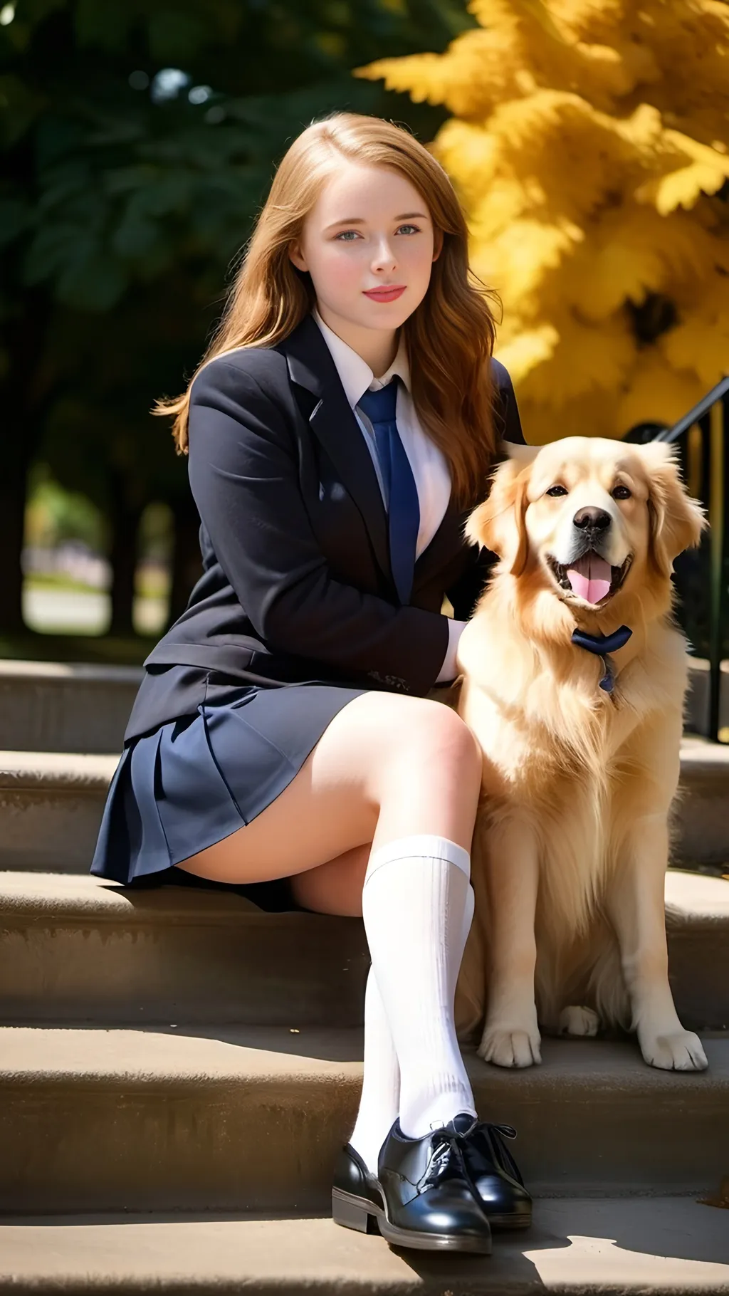 Prompt: Tall, buxom attractive chestnut haired schoolgirl with blue eyes, in black blazer & navy tie, sitting on a concrete step with a pet golden retriever dog, summer scene, ankle-length white socks, black shoes, very short navy pencil skirt, very long shapely legs, pale skin, beautiful golden-ratio face, pouting, full curvaceous physique, high quality, 8k photo, warm lighting, summer colors, schoolgirl fashion, detailed features, school house steps setting