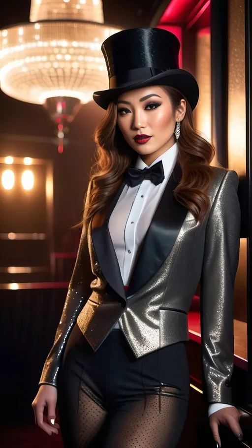 Prompt: beautiful Japanese woman with chestnut hair, hazel eyes, intricate diamond face, wearing top hat, tuxedo coat with tails, tap pants, tights, stiletto heels, standing in a spotlight in a smoky nightclub, 8k photo, high quality, elegant, mysterious, detailed, subtle lighting, classy, glamorous, sophisticated, refined, alluring, enigmatic, enchanting, captivating, atmospheric, captivating gaze, professional, luxurious vibes