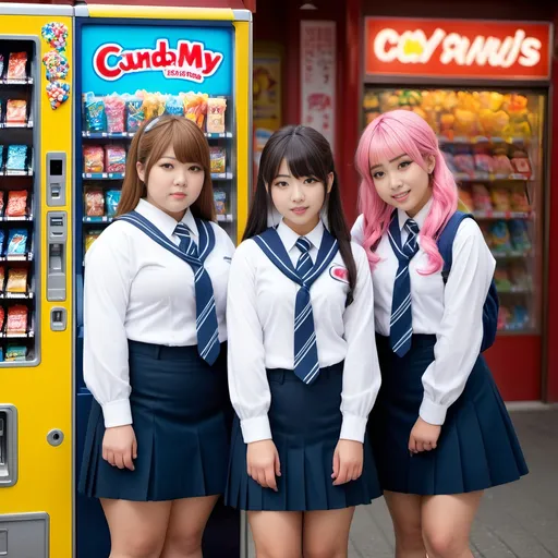 Prompt: Overweight Japanese teenage girls in white & navy school uniforms, black oxfords, standing in front of a candy vending machine, high-res digital photography, professional lighting, perfect facial features, curvaceous figure, colorful hair, detailed backpacks, vending machine details, realistic, natural chubby physique, vibrant colors, modern urban setting, distended abdomen, detailed eyes, youthful, professional, atmospheric lighting, urban, natural skin tones