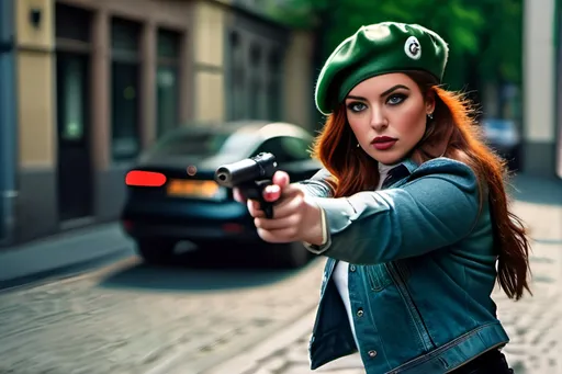 Prompt: Cinematic 8k photo of Beautiful auburn hair green-eyed intricate face curvaceous young Bond Villain woman in denim jacket, white beret, green blouse, black leather skirt and boots, aiming a gun, Berlin side street, highres, 8k, Hollywood action, intense expression, dramatic lighting, detailed clothing, action hero, film noir, dark tones, urban setting