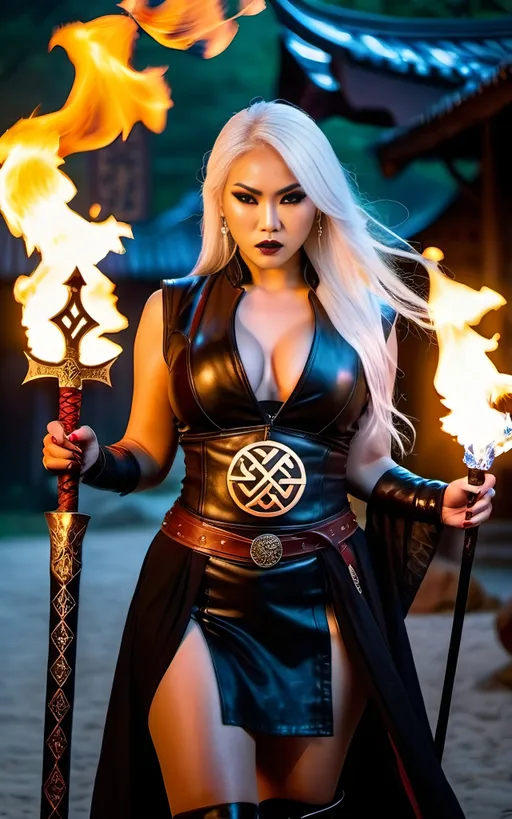 Prompt: Angry intense Asian sorceress, flowing white hair, curvy buxom figure, ((holding a flaming sword & magic runic staff with glowing crystal tip)), wearing all black leather duster vest miniskirt & boots, dark gothic makeup, night village setting, intricate face, 8k photo, high detail, magic, power, intense scene, cinematic, fire smoke