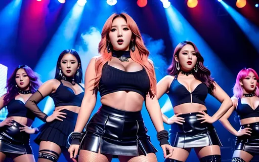 Prompt: Beautiful K-pop singers performing on stage, intricate facial features, black crop top, miniskirt, gogo boots, holding a microphone, background dancers, bosomy, buxom, curvy, stage lighting, smoke effects, 8K photo, detailed, high detail, stage performance, vibrant colors, energetic atmosphere