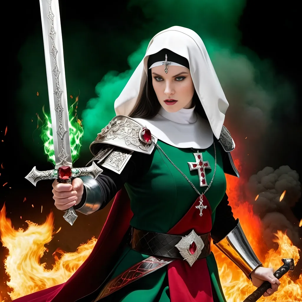 Prompt: Warrior nun with square face, dark hair, pale skin, diamond-encrusted silver cross necklace, wielding gleaming Damascus Steel Sword with ruby and emerald gemstones, intense battle scene with evil demon warriors and flames, 8k photo, good versus evil, detailed facial features, dramatic lighting, intense action, high-res, battle, diamond encrusted, silver, square face, pale skin, dark hair, detailed sword, ruby and emerald gemstones, demon warriors, flames, dramatic