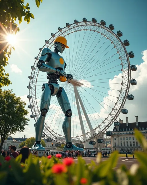 Prompt: photorealistic, (majestic giant humanoid robot) spraying the (central hub of the London Eye) with a (huge spray-can of WD-40 lubricant), (whimsical humorous depiction), (yellow hard hat), (beautiful sunny summer day), vibrant colors, bright lighting, dynamic composition, lush greenery in foreground, people observing in awe, ultra-detailed, 8K cinematic professional photo, cheerful atmosphere.