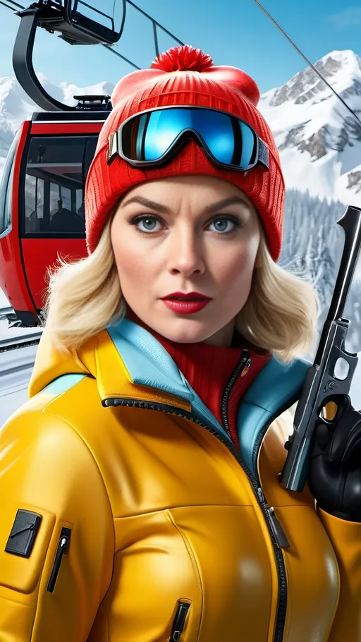 Prompt: Blonde Bond Villain woman with ice blue eyes, upturned nose, intricate square face, yellow & red ski suit, red knit cap, holding a black pistol, ski lift tram in background, 8k, auto pistol, photorealistic, detailed, ski fashion, icy tones, high-end, action movie, intense lighting