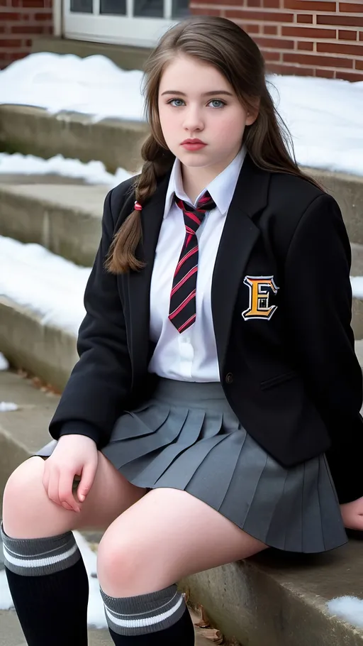 Prompt: Plump brunette teenage schoolgirl with pale skin, hazel eyes, sitting on concrete school step, snowy scene, alert expression, black & gray school blazer with logo, short black skirt, white:2.0 socks, glossy black shoes, long shapely legs, bosomy physique, detailed eyes, 8k photo, winter scene, schoolgirl, snowy setting, alert expression, detailed outfit, realistic, atmospheric lighting