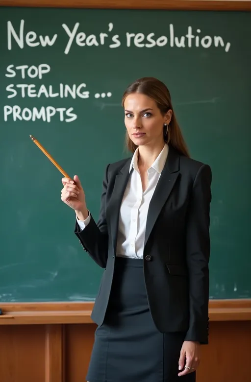 Prompt: (accurately spelled text "New Year's resolution, stop stealing prompts"), large classroom chalkboard, Angry & stern expression female teacher, (dark blazer), (white blouse), (dark skirt), holding a wooden pointer, well-lit, 8K, high detail & quality, professional photo, vibrant classroom background, focused expression, educational atmosphere, dynamic lighting, engaging environment.