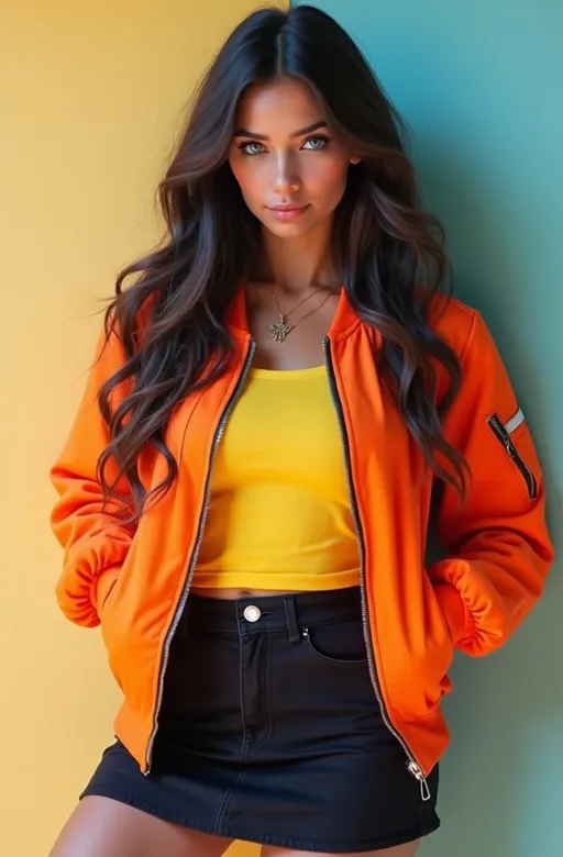 Prompt: Patrick Nagel style (80s brunette woman), sparkling blue eyes, long wavy hair, angular face, orange bomber jacket, yellow tee, black miniskirt, curvy figure, pastel backdrop, bright light, cheerful ambiance, high detail & quality, 8K, ultra-realistic, professional photography.