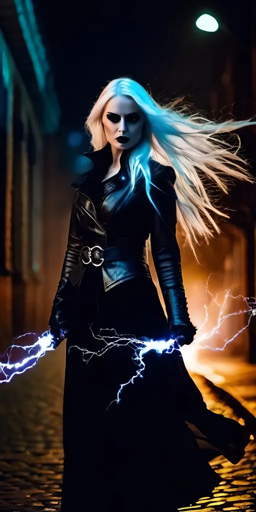 Prompt: Beautiful female shadow warrior with electricity arcing from her fingertips, tall, long white hair, black eyes, dark gothic makeup, pale skin, black leather duster, black blouse, black slacks, black leather boots, cinematic, horror, 8K photo, dim light, standing in a cobblestone lane, foggy night, intricate details.