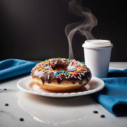 Prompt: A large brown donut with white icing and colorful candy sprinkles is sitting on a ruffled paper plate next to a white paper cup filled with steaming black coffee, on a white marble counter next to a blue cloth napkin, food photography, pro lighting, high-res