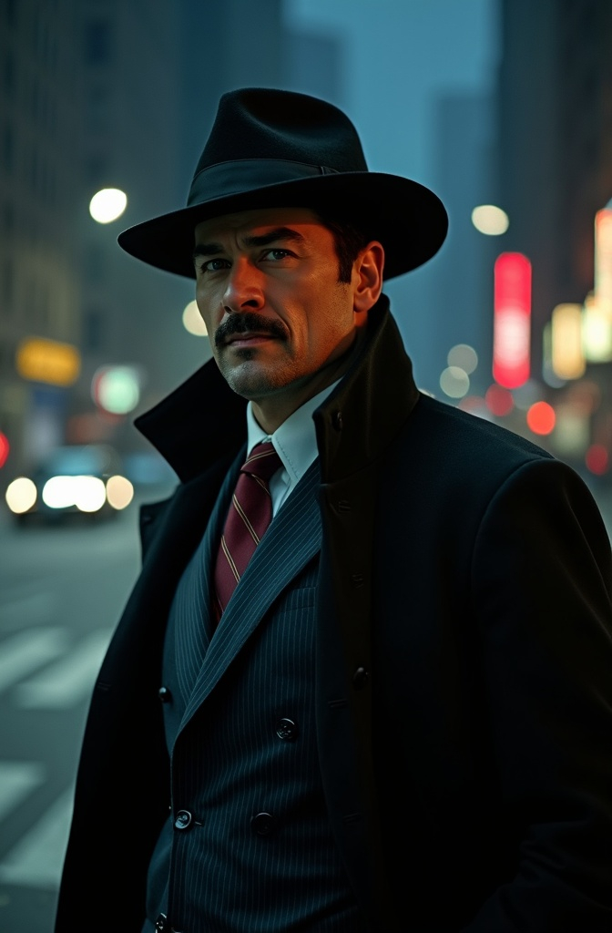 Prompt: Cinematic superhero The Shadow is a Tall handsome man with suntanned Caucasian skin, short dark hair, heavy brows, (piercing blue eyes), mustache and goatee, wearing a black fedora, black duster coat, dark blue pin-striped suit, maroon tie, standing outside a Manhattan office building shrouded in dark mystery as he watches a suspected criminal, moody scene, nightscape, sharp focus, high detail & quality, 8k, cinematic photo, film noire vibe.