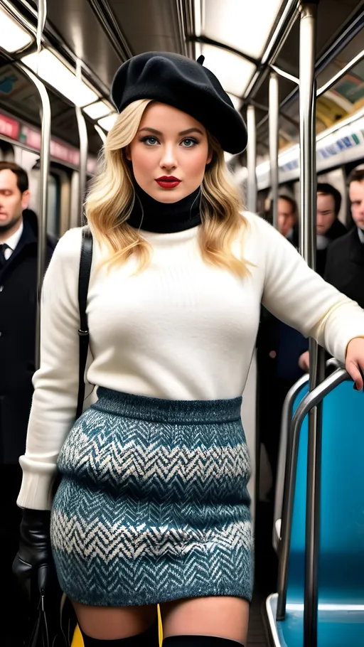 Prompt: Beautiful curvaceous blonde French woman, intricate round face, ice-blue eyes, upturned nose, white turtleneck sweater, herringbone tweed black & white mini-skirt, black boots, black beret, pleasantly plump, long thick shapely legs, standing in a crowded Paris Metro subway car, 8K photo, realistic, detailed fabric texture, classy, detailed face, chic fashion, Parisian vibe, bustling urban setting, elegant lighting, modern, high quality