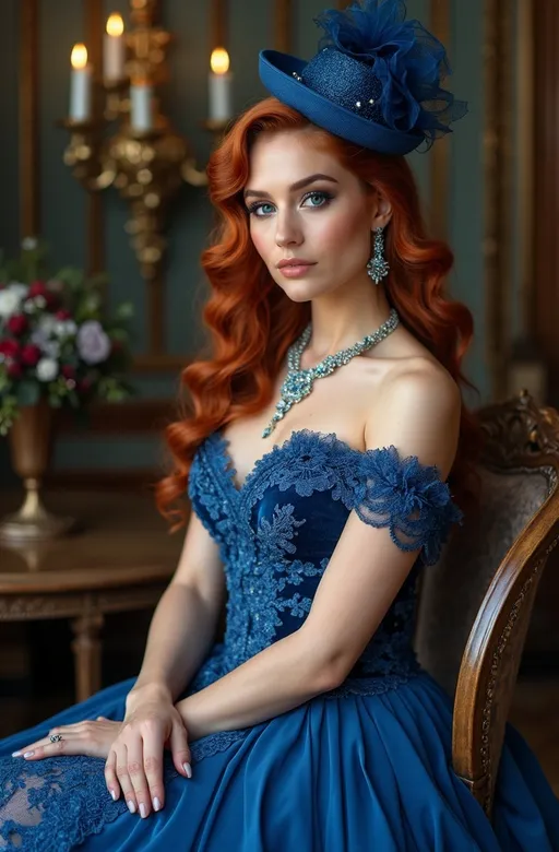 Prompt: Beautiful French woman with blue eyes & Cinnamon-Auburn hair, blue jewelry, intricate oval face, elegant & elaborate formal dress with velvet and lace detailing, blue milliner's hat, olive skin, upturned nose, full bosomy figure, blue high heels, sitting for a portrait photo, luxe belle epoch parlor, 8k, detailed, elegant, intricate details, Parisian vibe