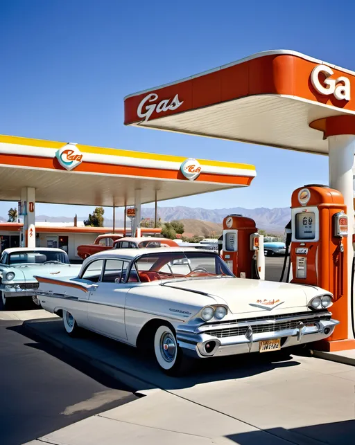 Prompt: California Googie architecture gas station, 1960s era gas pumps and cars, white uniformed attendant pumping gas into a car, highly detailed, high-res, daylight, vintage, retro, detailed cars, mid-century, uniformed attendant, vibrant colors, architectural details, sunny, clear skies, classic cars, bright and vibrant, detailed shadows
