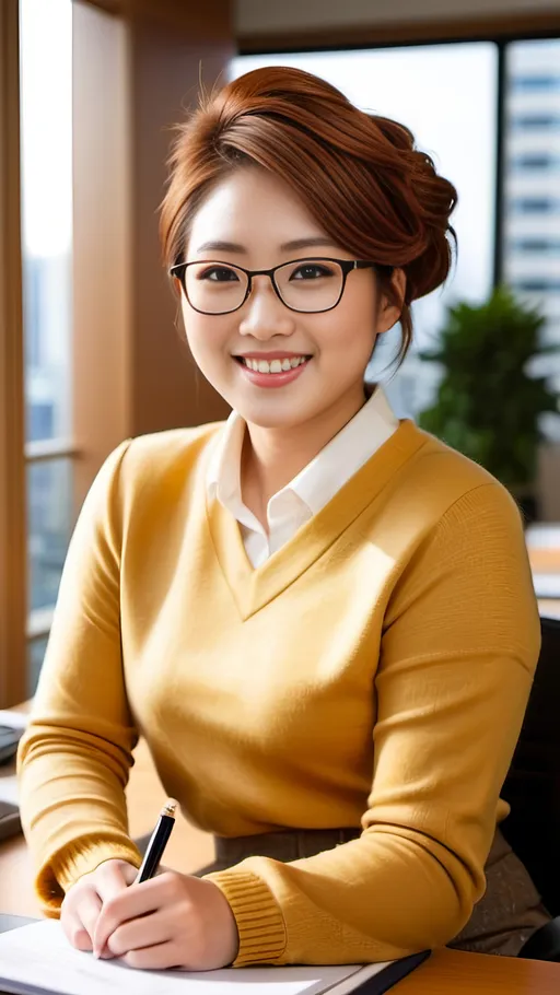 Prompt: Japanese woman, 25 years old, updo styled auburn hair, hazel eyes, intricate square face, upturned nose, natural makeup, smiling, gold frame glasses, yellow sweater, brown tweed pencil skirt, brown boots, professional office, desks, plants, floor to ceiling windows, Tokyo background, professional photo, detailed features, 8k photo, (realistic curvy physique), office fashion, vibrant, realistic, natural lighting