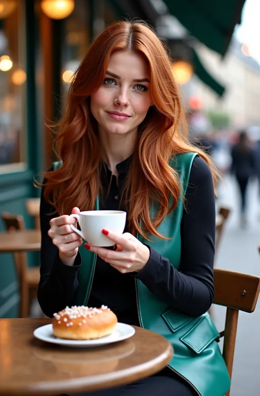 Prompt: (photorealistic) glamour shot, beautiful French woman, olive skin, (long silky auburn hair), (vibrant green eyes), sitting at a Parisian sidewalk café, (chic teal leather vest), (black blouse and skirt), stylish boots, enjoying a roll and coffee, (highly detailed), (8k resolution), (well-lit), professional photography, elegant ambiance, lively Paris backdrop, hint of romance in the air.