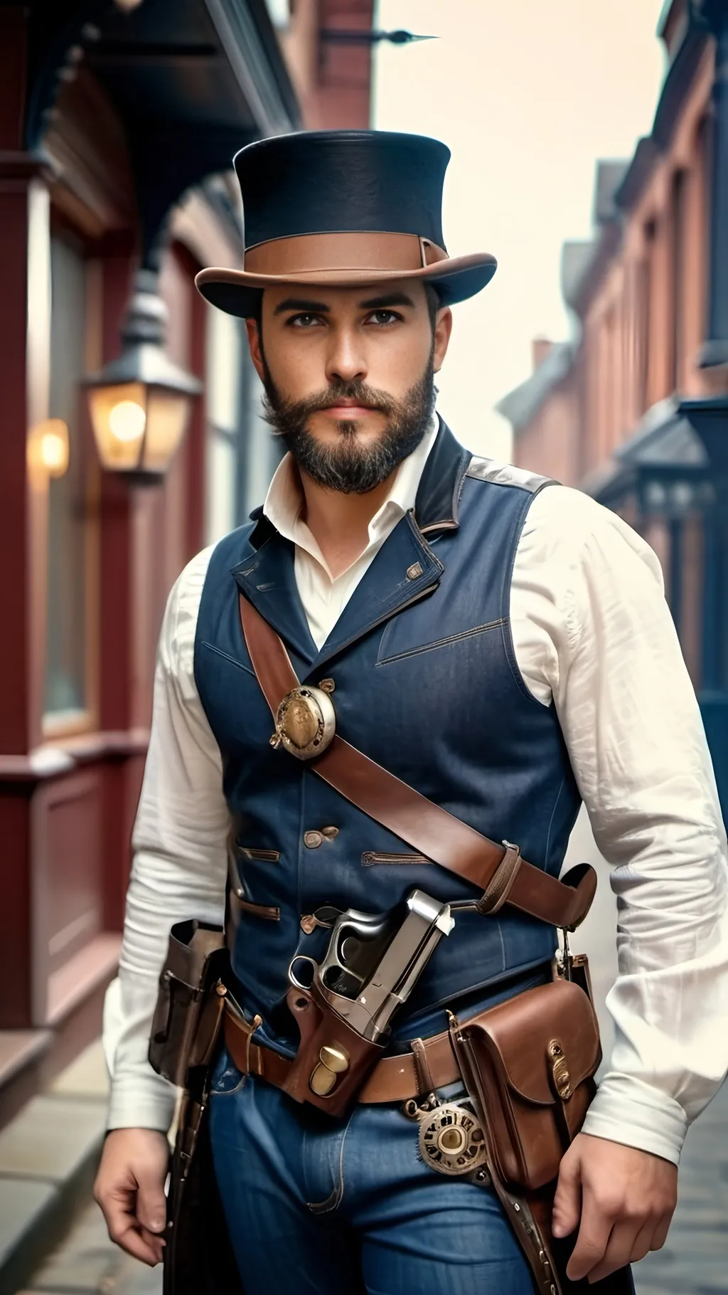 Prompt: Steampunk adventurer in Victorian street, dark hair, beard, leather vest, linen shirt, denim pants, ammunition bandolier, gun-belt with holster, revolver, bowler hat, preparing for battle, 8k photo, detailed facial features, steampunk style, warm tones, atmospheric lighting, victorian setting, intricate details, high quality