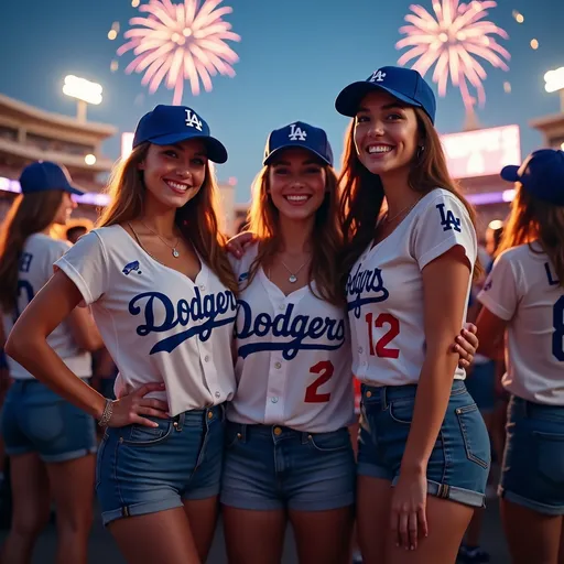 Prompt: photorealistic image of (happy) beautiful female Los Angeles Dodger fans, (detailed tees and shorts), (baseball caps), (curvy buxom physique) emphasis, celebrating a playoff victory at Dodger Stadium, vibrant night scene, glowing stadium lights, excited expressions, fireworks above, (crowd atmosphere), cheers of joy, ultra-detailed, high quality 8K resolution, professional photography style.