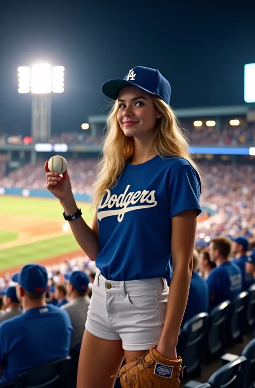 Prompt: photorealistic, 8K, (dynamic sports photography), beautiful ball girl (age 25) in Los Angeles Dodgers shirt and white shorts, holding a foul ball in her baseball glove near the grandstand, electric nightlife atmosphere, big crowd in the background, (high detail), stadium lights illuminating her and the field, casual sideline action, ultra-detailed, vibrant colors, capturing the happy energy of the ballgame environment