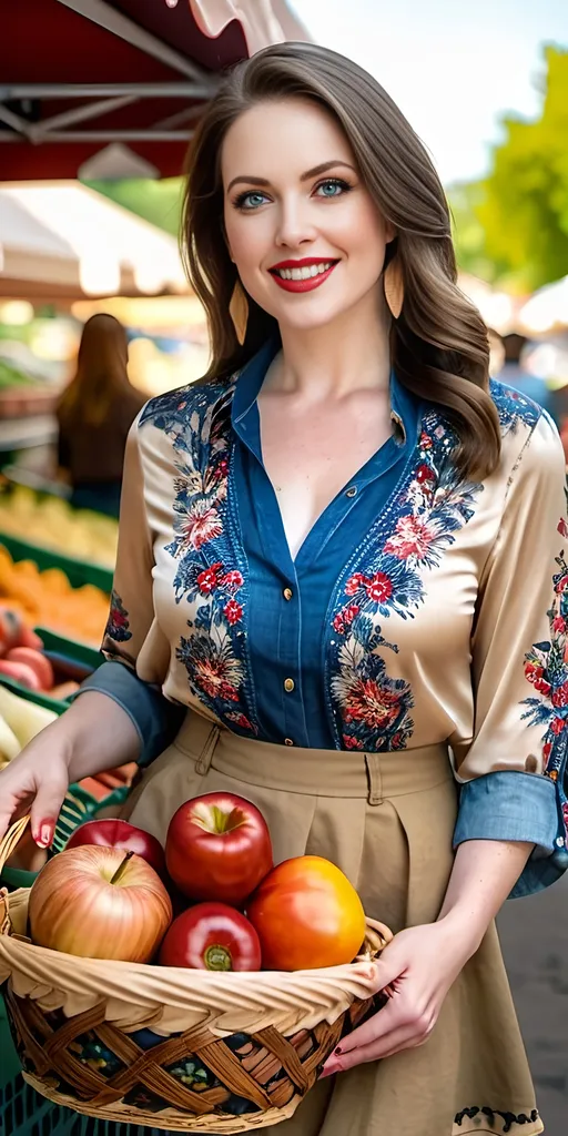 Prompt: Beautiful Rubenesque woman at Farmer's Market, detailed flesh tones, intricate facial features, pale skin, blue eyes, ruby lips, intricate floral blouse, khaki denim miniskirt, sandals, long shapely legs, carrying market basket, 8K ultra-detailed photo, daylight, natural lighting, detailed, intricate, high quality, market scene, beautiful, Rubenesque, floral blouse, detailed facial features, intricate clothing, daylight lighting