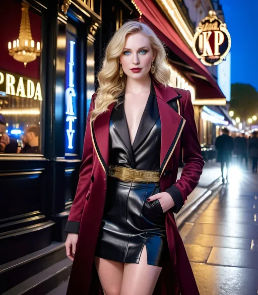 Prompt: Beautiful young blonde woman, pale skin, blue-eyed, wavy hair with curtain bangs, smoky makeup, buxom figure, maroon tailcoat with gold trim, black miniskirt, Prada boots, maroon top hat, standing outside Parisian nightclub at night, 8k photo, high detail, elegant, glamorous, Parisian, nightlife, sophisticated, detailed makeup, wavy hair, luxurious attire, atmospheric lighting