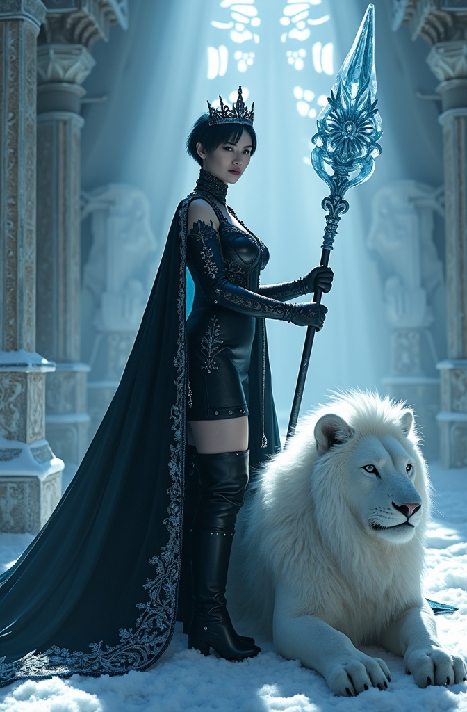 Prompt: Cinematic photo of Mab, Queen of Winter & Darkness, (high detail, 8k), standing in an ornate ice throne room, striking (dark blue eyes), beautiful rectangle face, (pale white skin), short black hair with blue highlights, (curvy figure, long legs), stunning outfit: black leather dress, black fashion boots, adorned with obsidian jewels, dramatic dark makeup, wearing a crown of blue ice crystals, holding a long icicle scepter with silver lacework, fierce enormous white snow lion at her feet, (bright light) illuminating the scene, (ultra-quality, photorealistic) style, evoking a powerful and captivating atmosphere in a frost-covered realm.