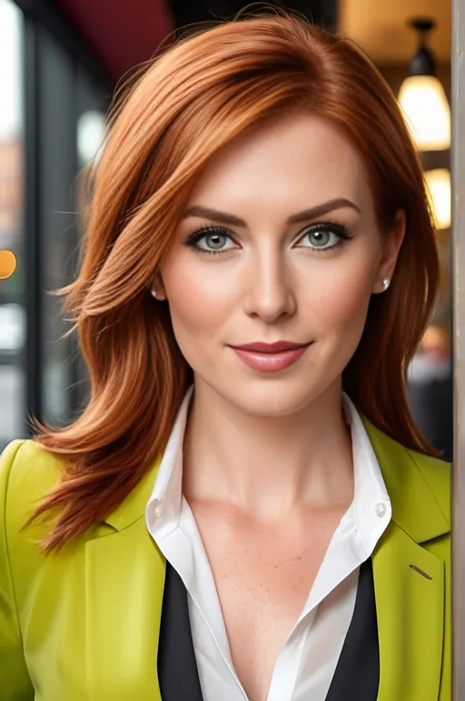 Prompt: Attractive businesswoman in a coffee shop, flawless diamond face, vibrant green eyes, short stylish chestnut-red hair, yellow blouse, gray blazer and skirt, black pumps, urban city scene, pro lighting, high-res, sharp focus, pro photo, realistic, professional, modern, urban, detailed eyes, stylish design, vibrant, city lights casting a warm glow