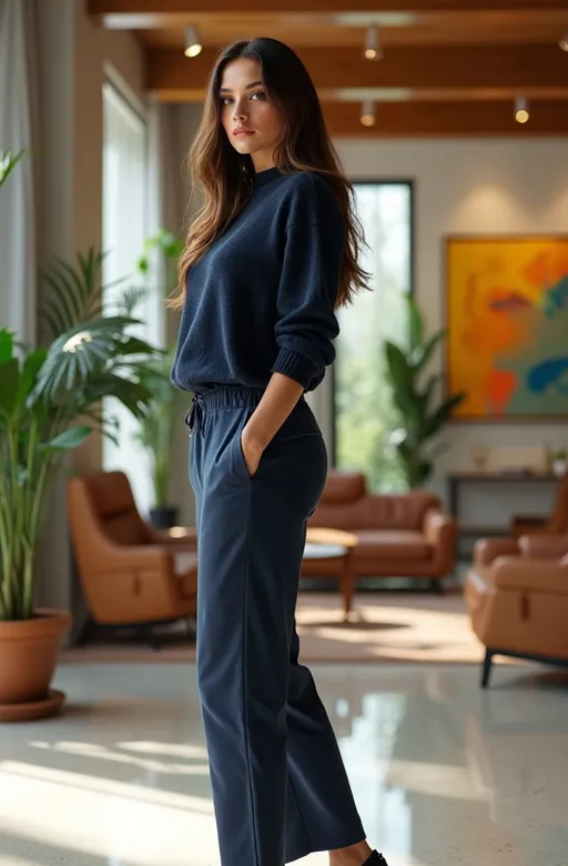 Prompt: Photorealistic photo of a mid-century modern office lobby with a beautiful tall buxom woman, aged 40, standing in profile, long silky brunette hair cascading down her shoulders, striking hazel eyes. Dressed in a snug navy sweater and linen navy slacks complemented by stylish black heels, curvy buxom physique, elegantly standing in a (bustling & crowded) chic modern professional office lobby. 8K resolution, ultra-detailed, high quality, bright and inviting ambiance, crisp office background with stylish furniture and decor including large potted plants colorful wall sculptures and luxurious mid-century modern style seating